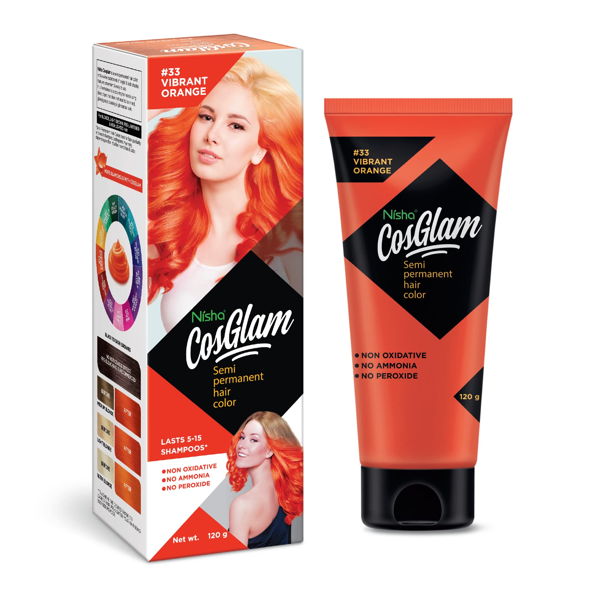 Nisha Cosglam Vegan And Cruelty Free Semi Permanent Orange Hair Color With Conditioner #33 Vibrant Orange | No Ammonia N
